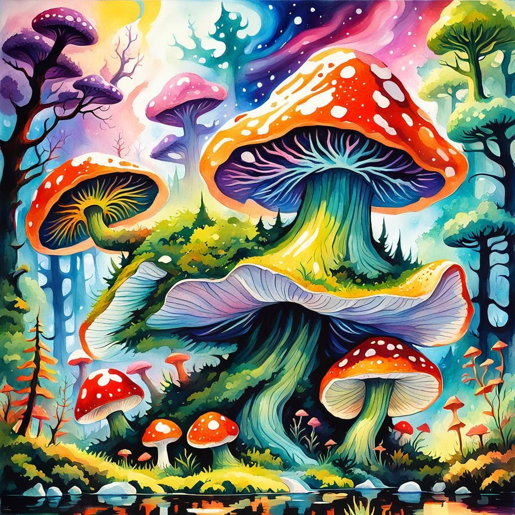 Elder Dragon in Mushroom Forest: Gouache Impressionist Style