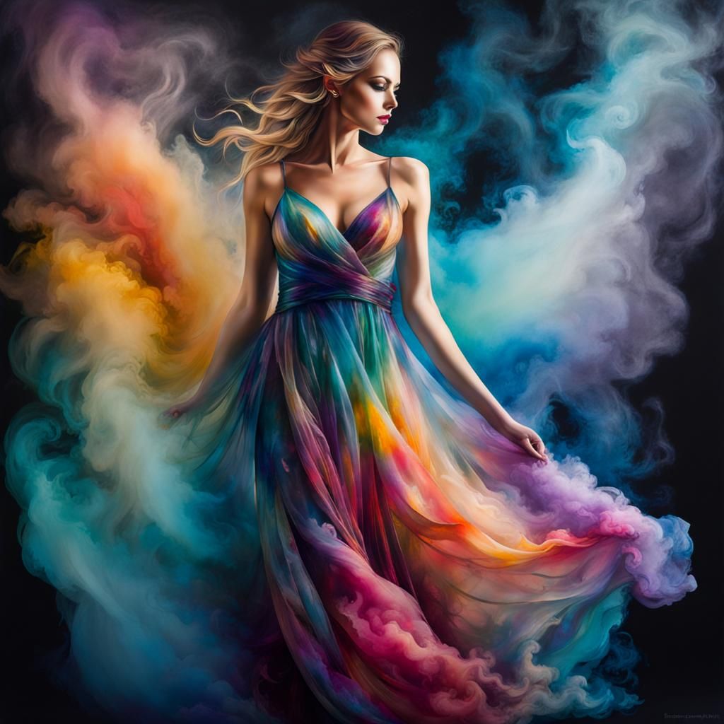 Ethereal Woman in Mist Dress: Alcohol Ink Art