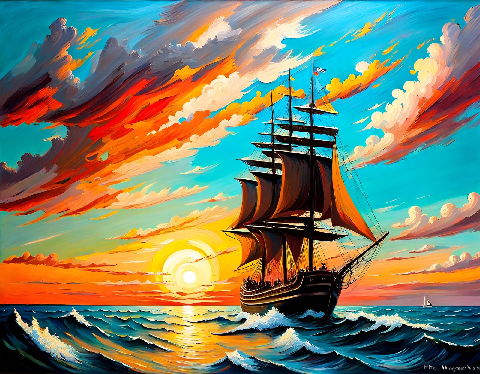 Dramatic Sunset Seascape with Sailing Ship as Impasto Painti...