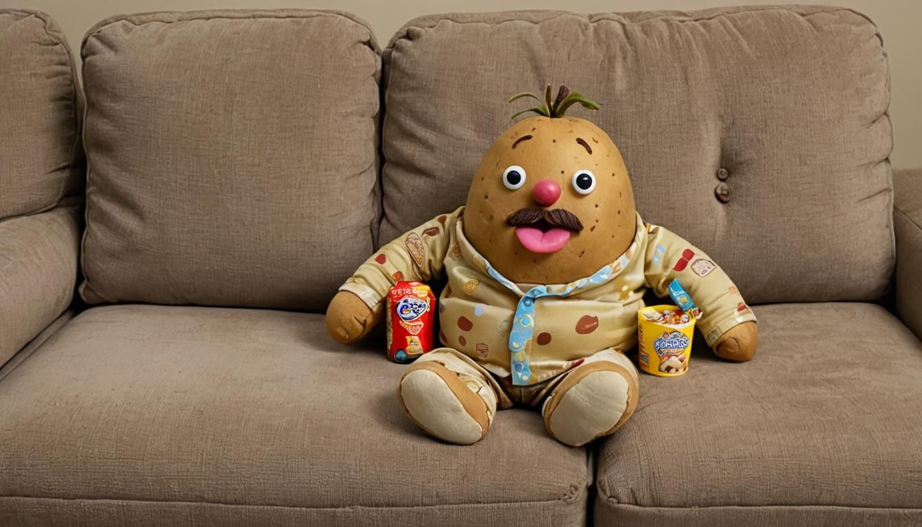 Humorous Couch Potato Character Lounging on Sofa