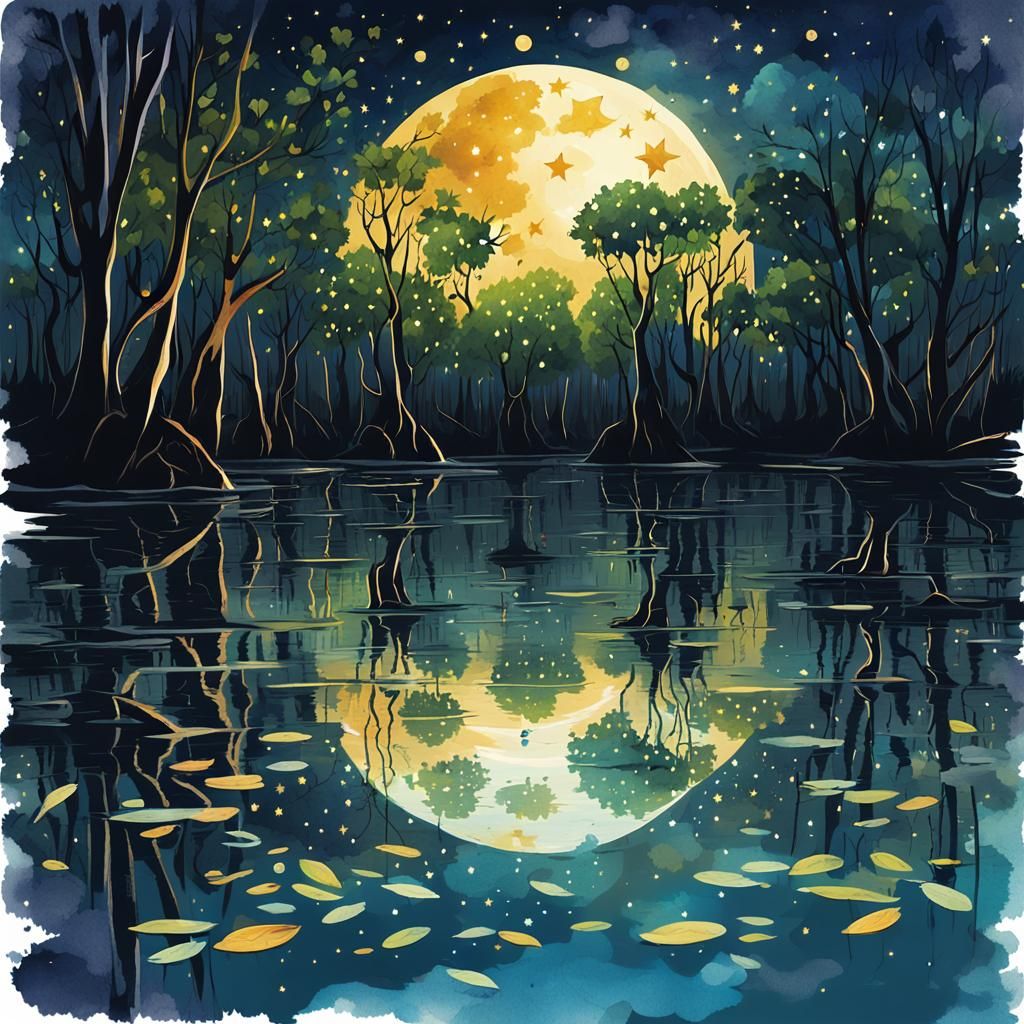 Fireflies Light a Mangrove Swamp: Digital Watercolor