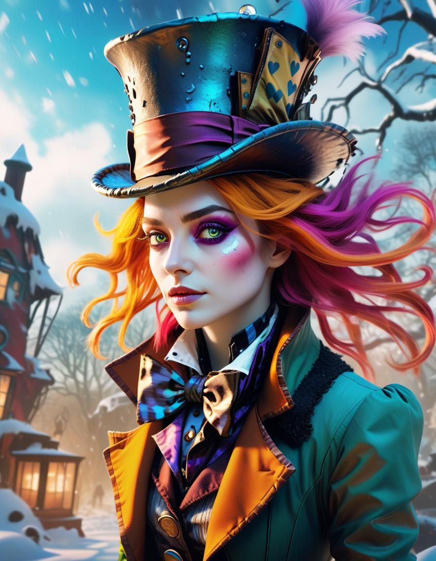 Steampunk Mad Hatter Character in Winter Landscape