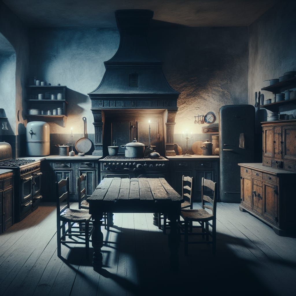 Vintage Kitchen at Night in Muted Tones