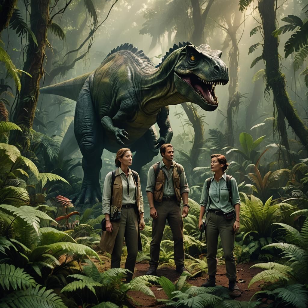 Time Travelers Encounter Dinosaurs in Prehistoric Forest
