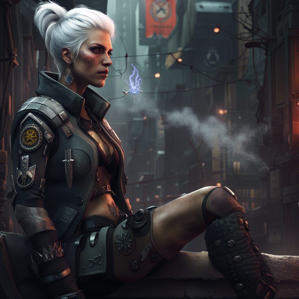 Cyberpunk Medic: White-Haired Warrior with Shield