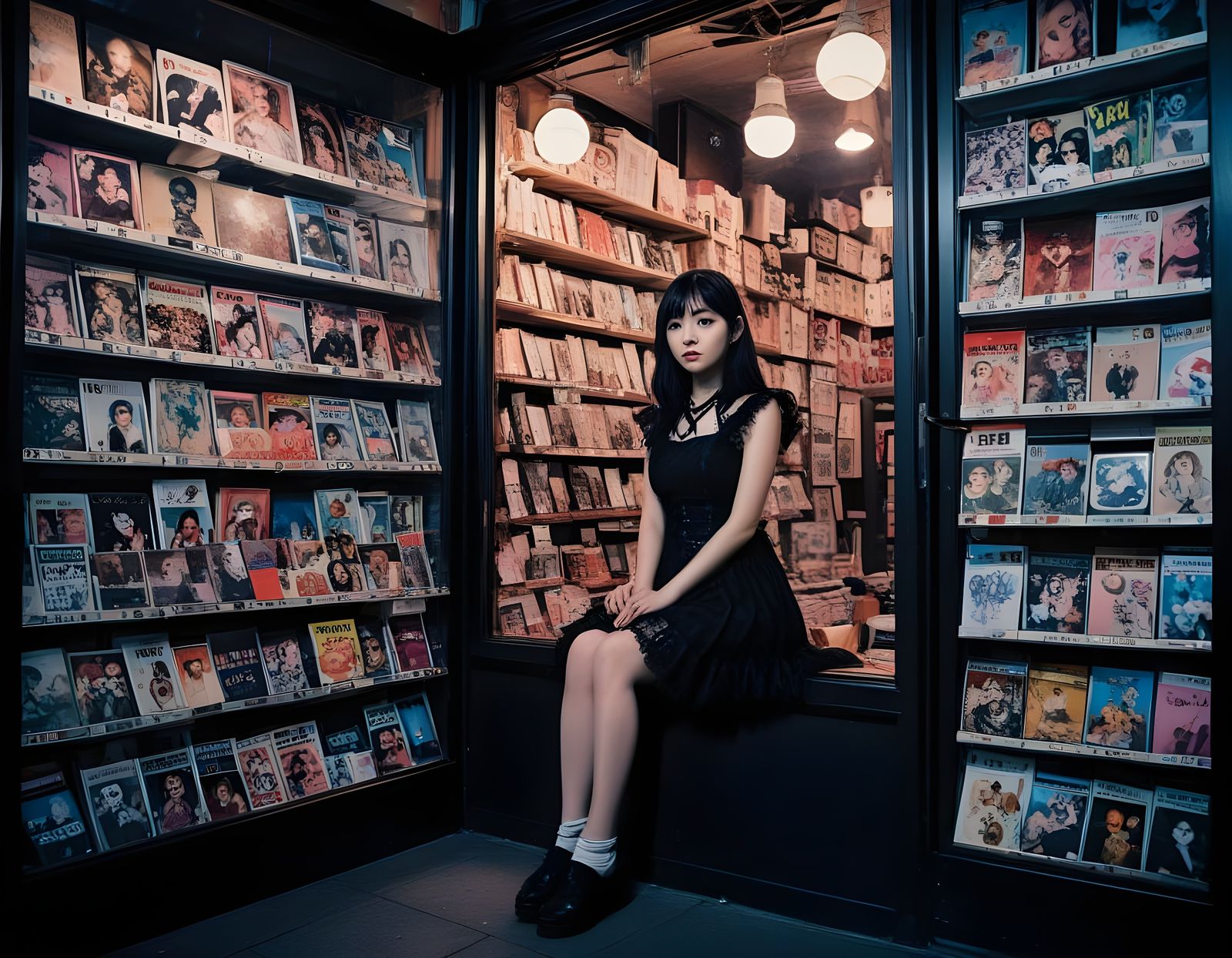 Goth Asian Girl in Retro Akihabara Shop