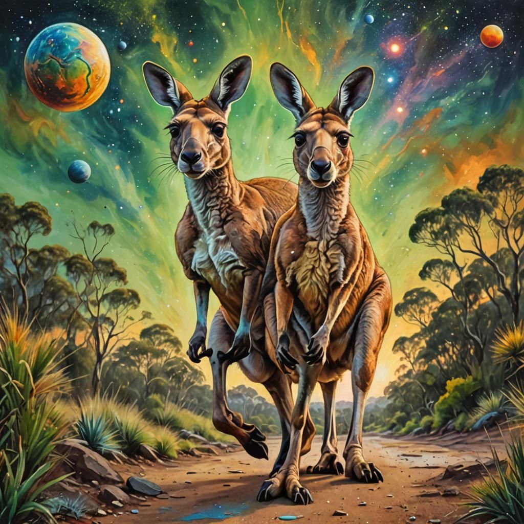 Hyperrealistic Kangaroo in Australian Landscape: Acrylic Pai...