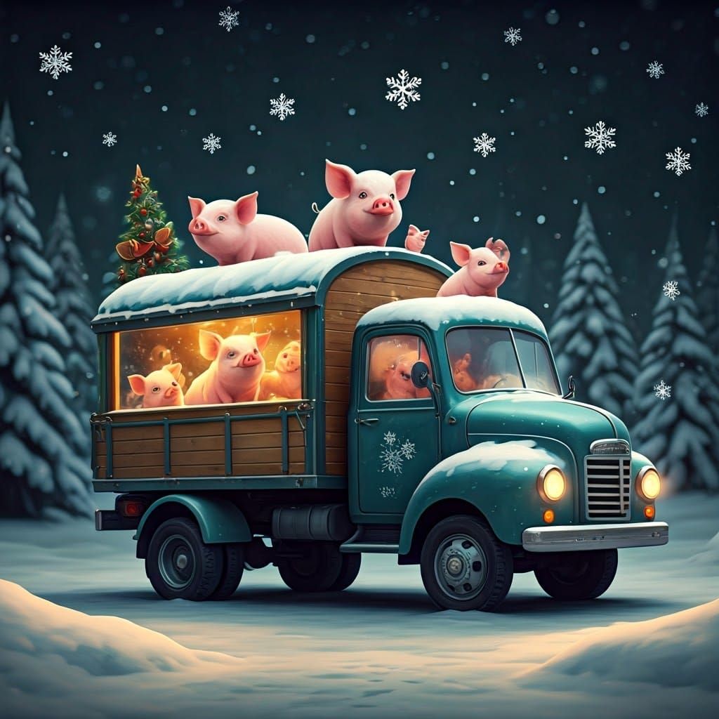 Whimsical Winter Wonderland Scene with Lively Pig Truck