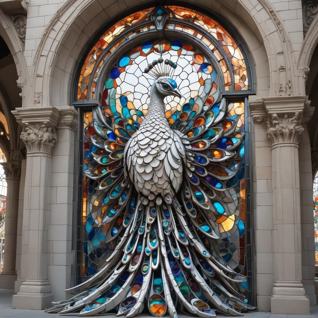 Biomechanical Peacock with Stained Glass Tail
