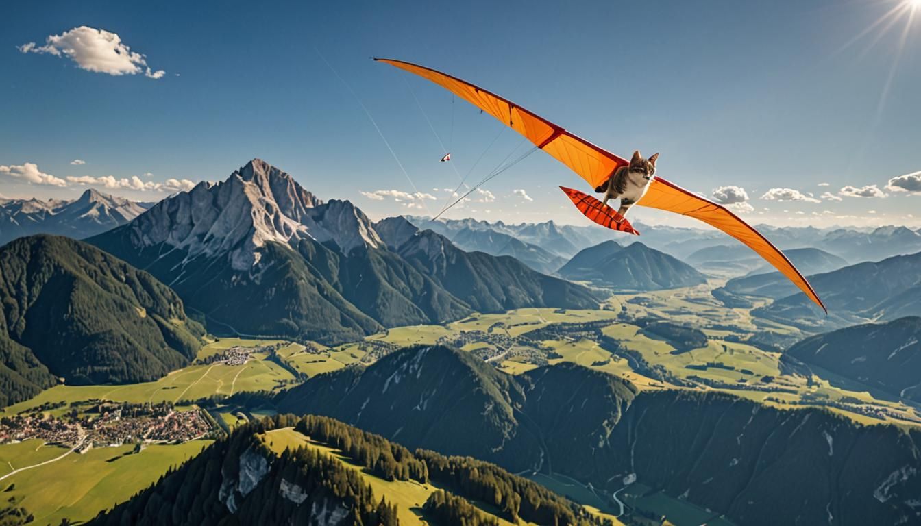 Cat Hang Gliding Over Bavarian Alps in Sunlight