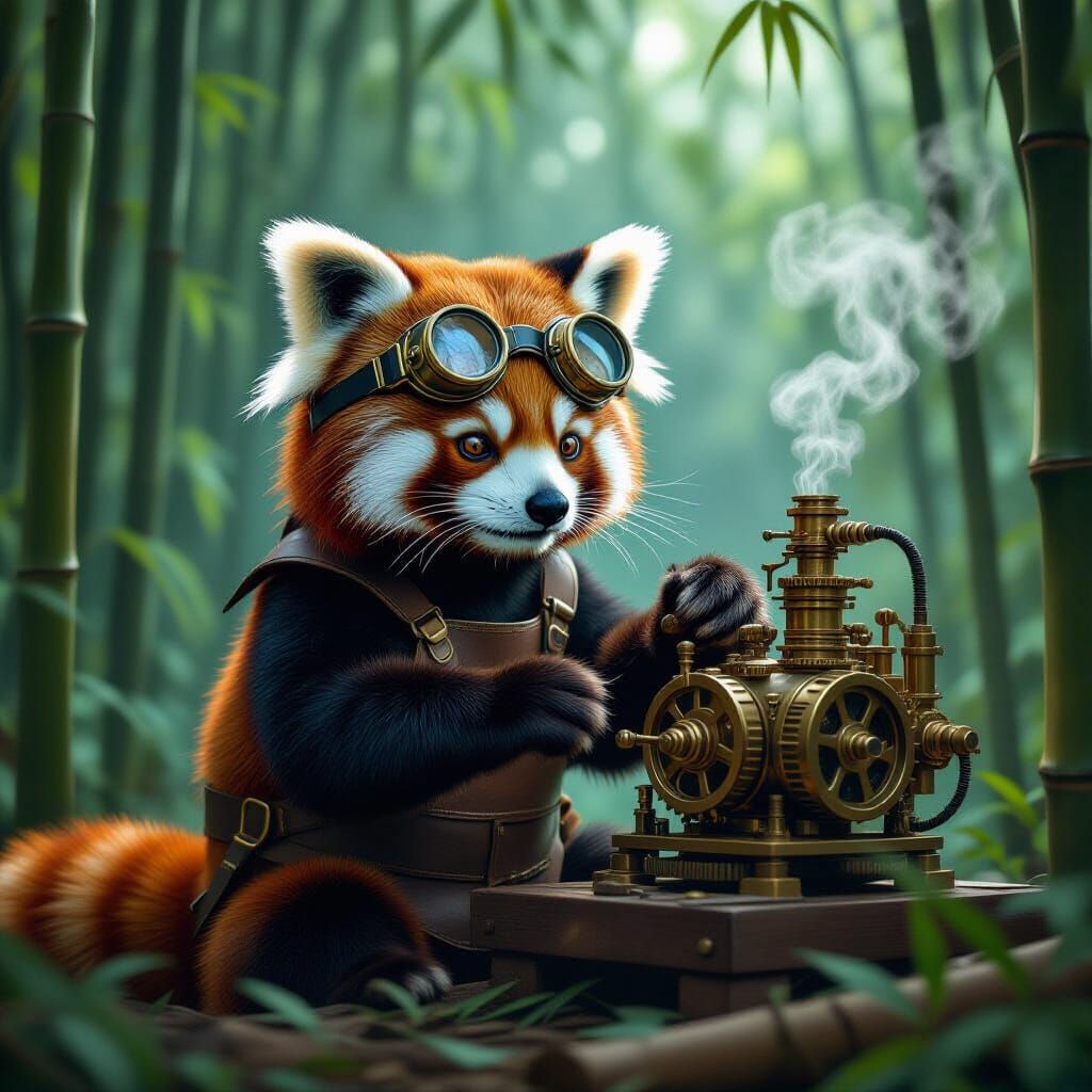 Steampunk Red Panda Inventor in Bamboo Grove