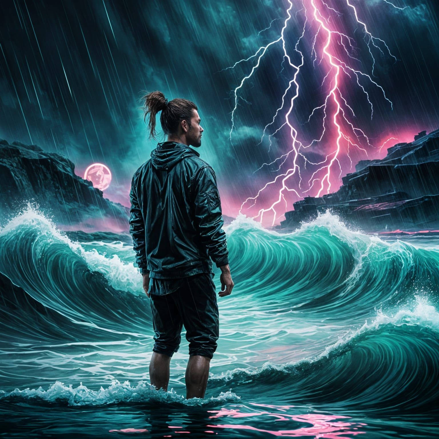Cyberpunk Surfer Drowning in Neon Ocean Storm