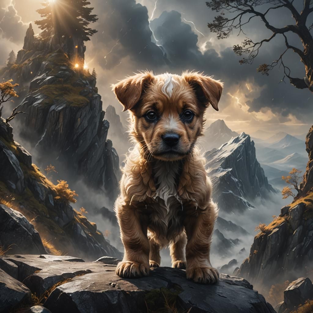 Puppy on Mountain Peak in Mystical Landscape