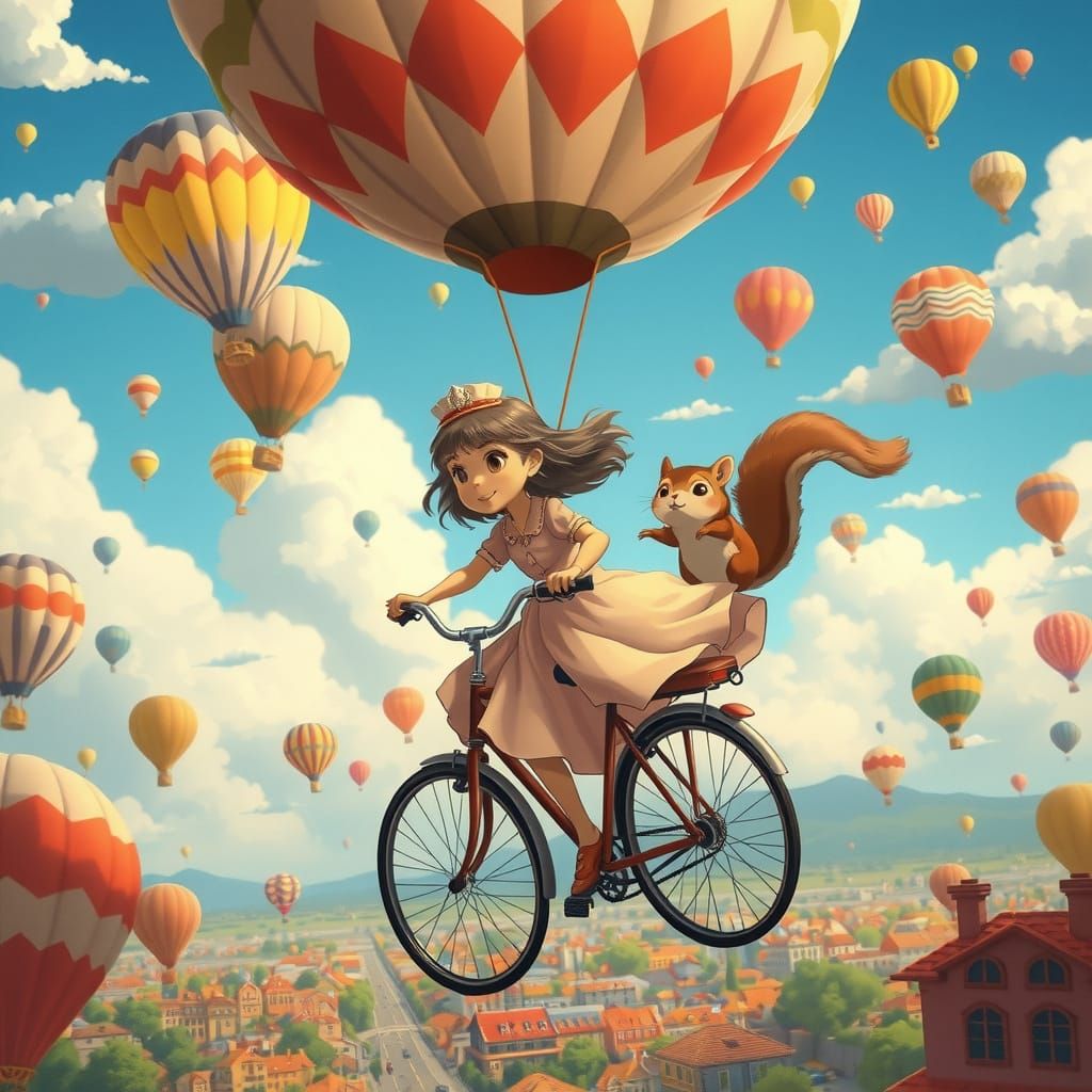 Girl on Balloon Bike in Ghibli Style