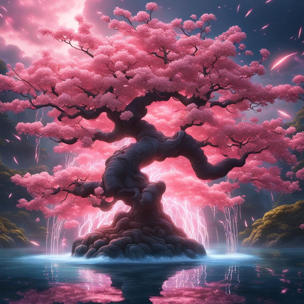 Cherry Blossom Tree with Koi Fish and Lightning