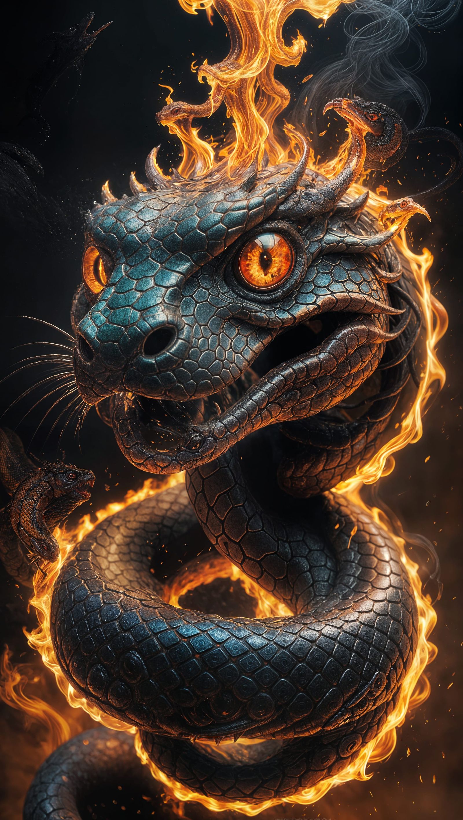 Fiery Snake with Devil Eyes in Hyperrealistic Style