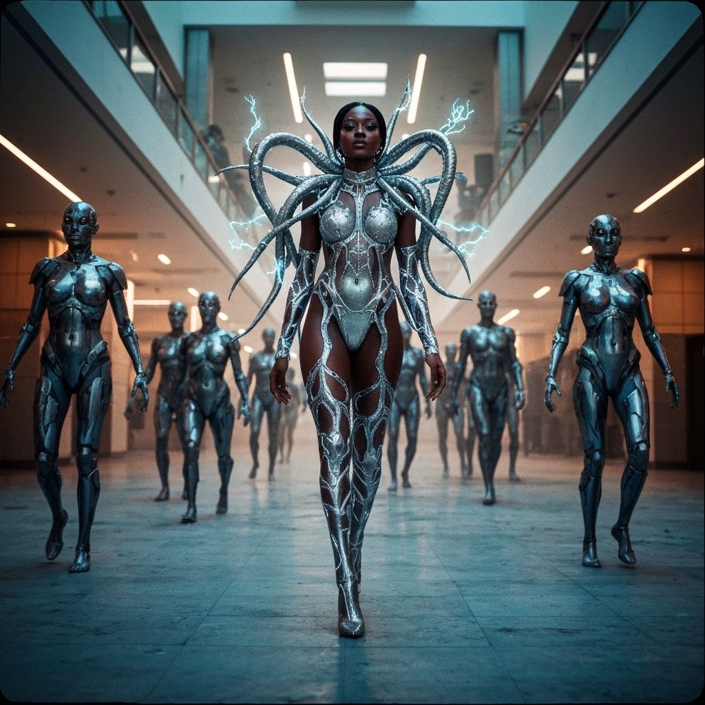 Cyberpunk Woman Pursued in Dystopian Mall