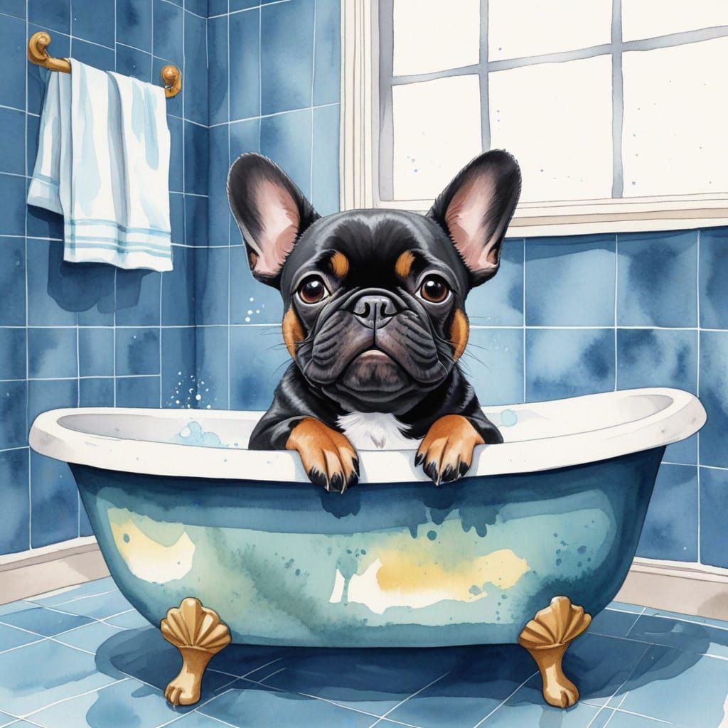 Joyful French Bulldog Soaks in a Blue Bathtub