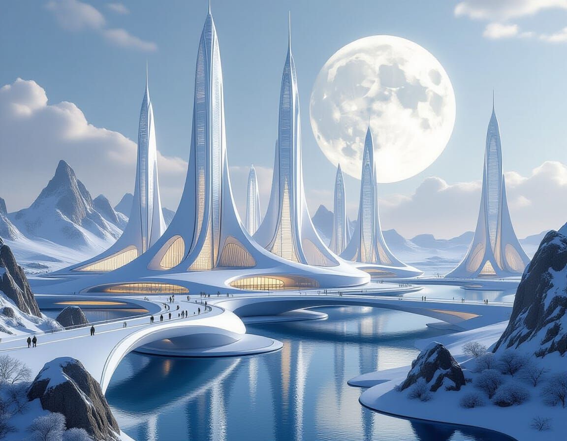Futuristic Lunar City: Crystalline Spires & Floating Bridges
