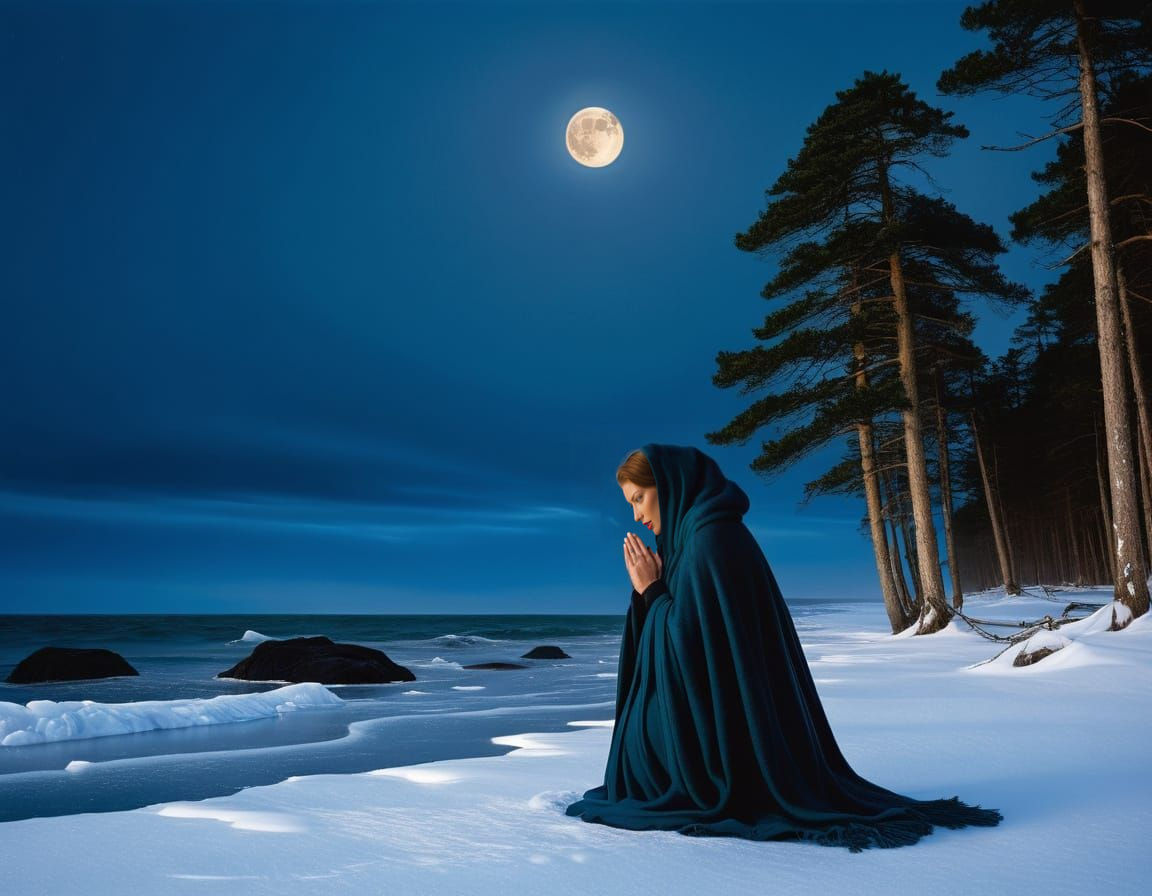 A Woman Prays on a Frozen Finnish Beach at Night