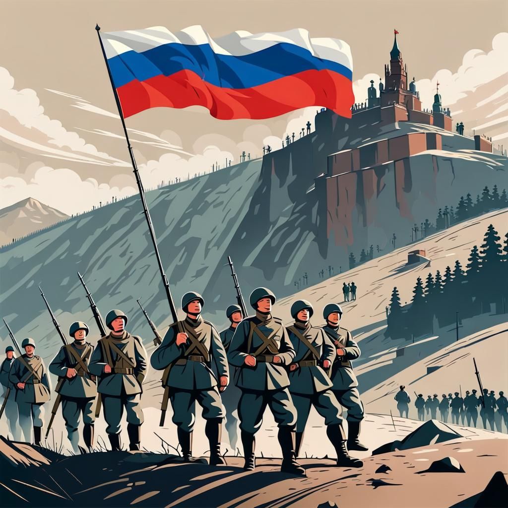 Russian Soldiers with Flag in Constructivism Style
