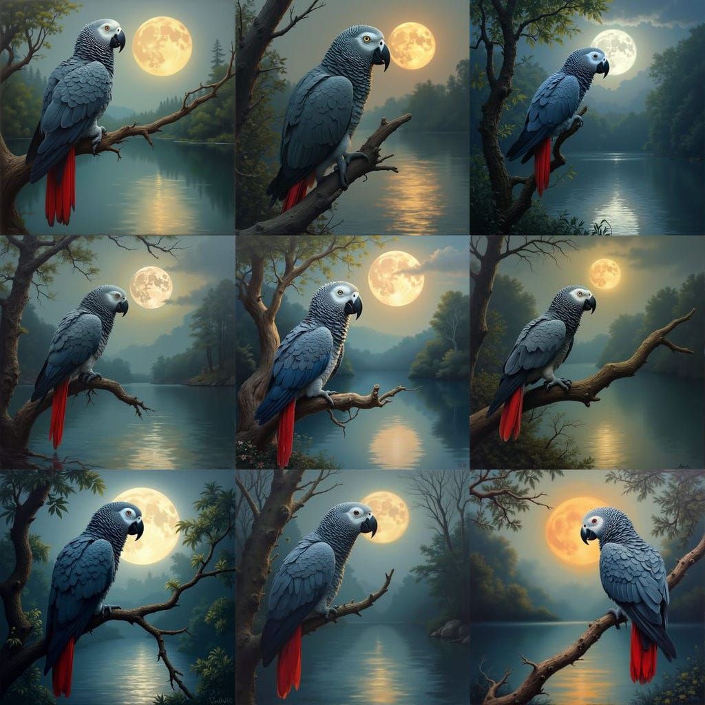 Congo African Grey Parrot in Moonlight, Oil Painting