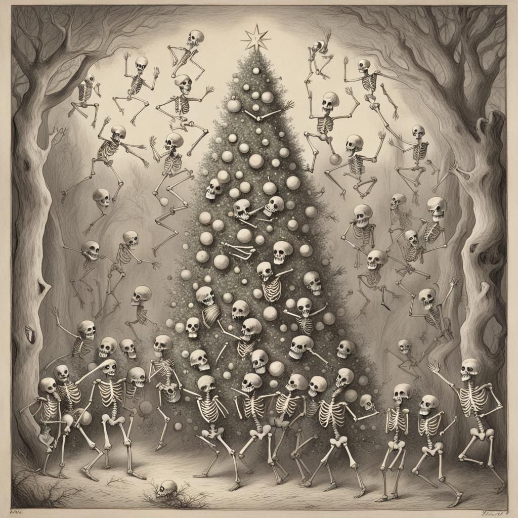 Festive Skeletons Dancing Around a Christmas Tree