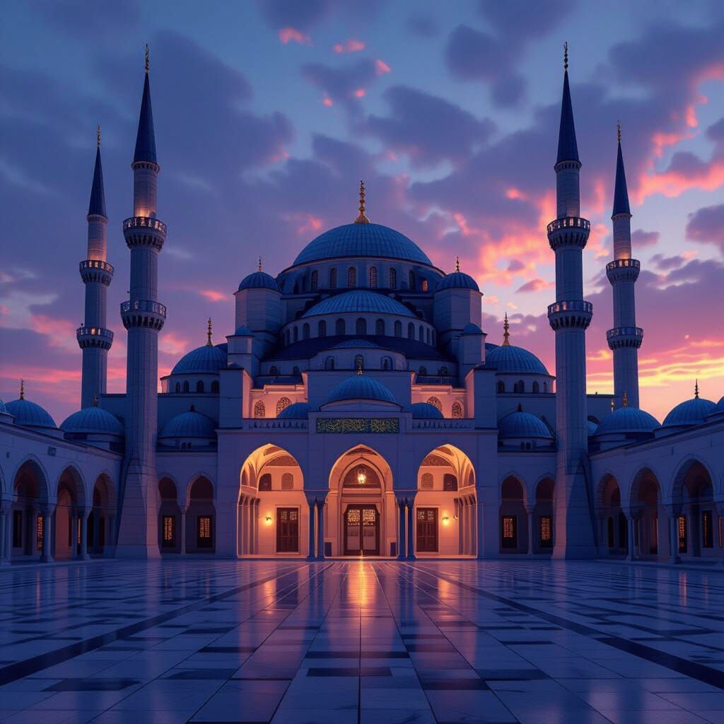Grand Mosque Exterior with Five Pillars at Twilight