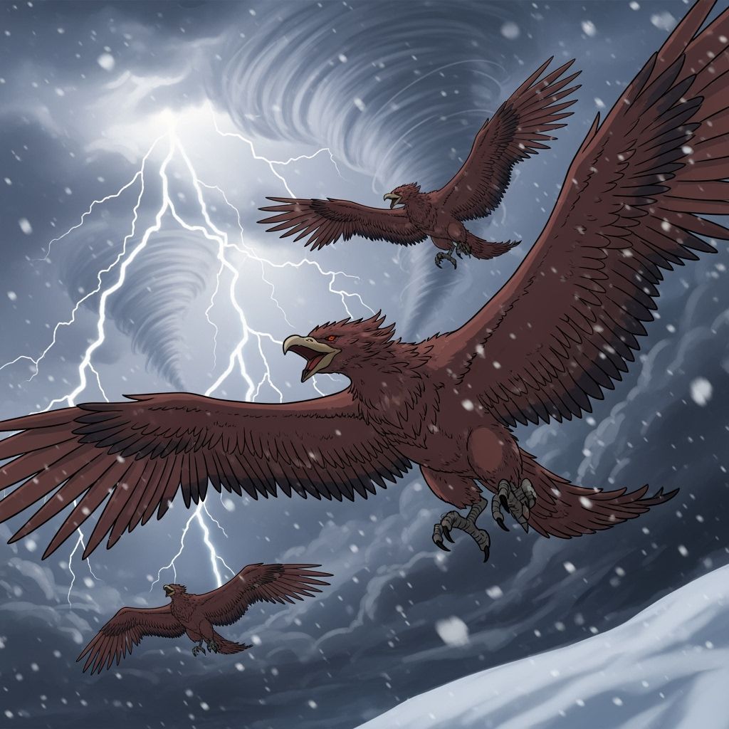 Giant Ziz Birds in Stormy Sky: Manga-Inspired Anime Art