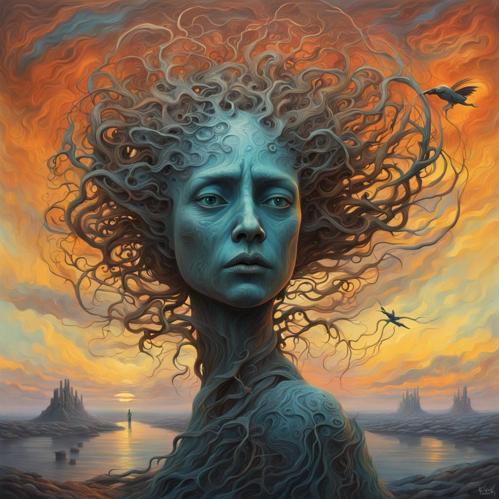 Surreal Goddess Emerges from Fractured Landscape in Cyberpun...