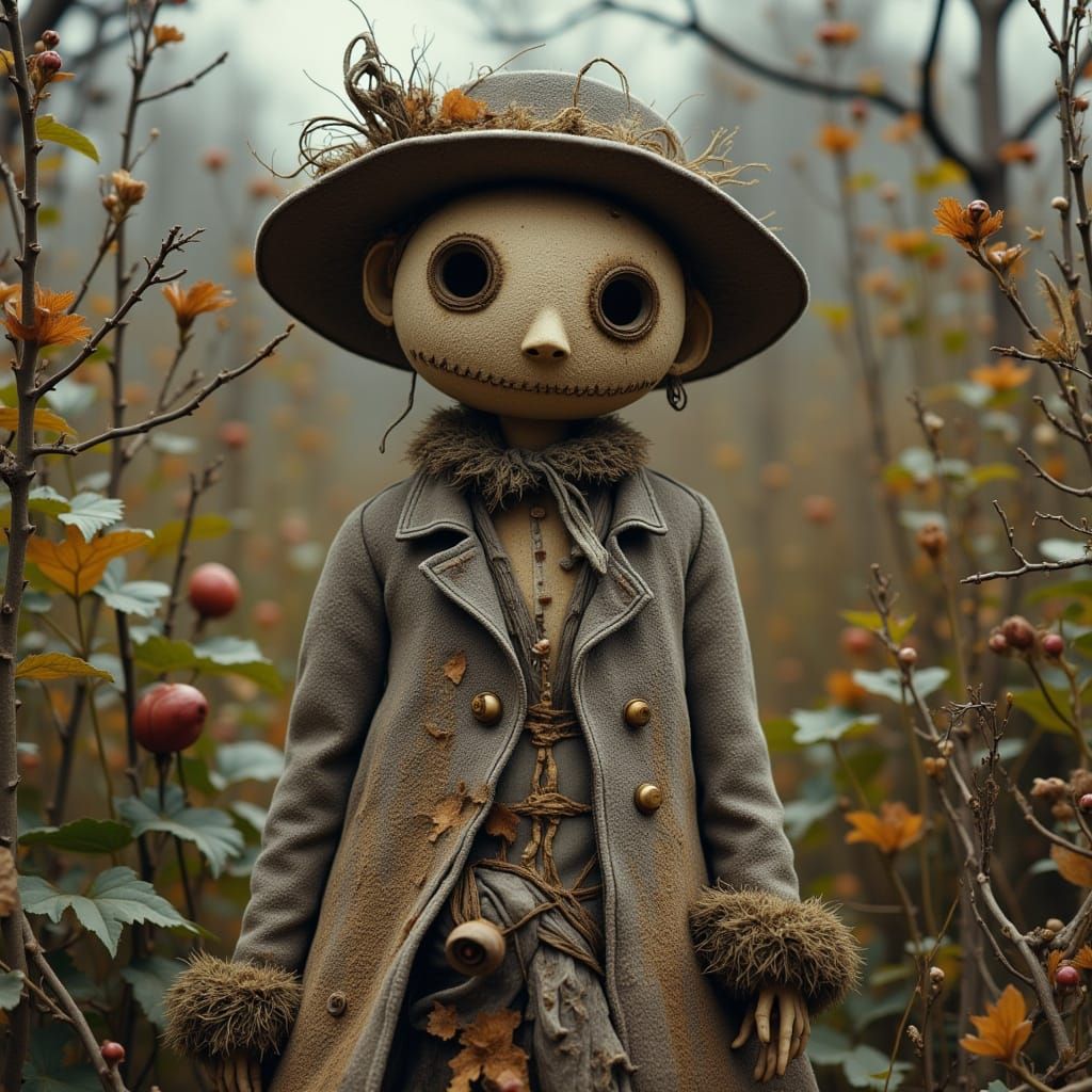 Scarecrow in Forsaken Garden: Dark Whimsical Amalgamation