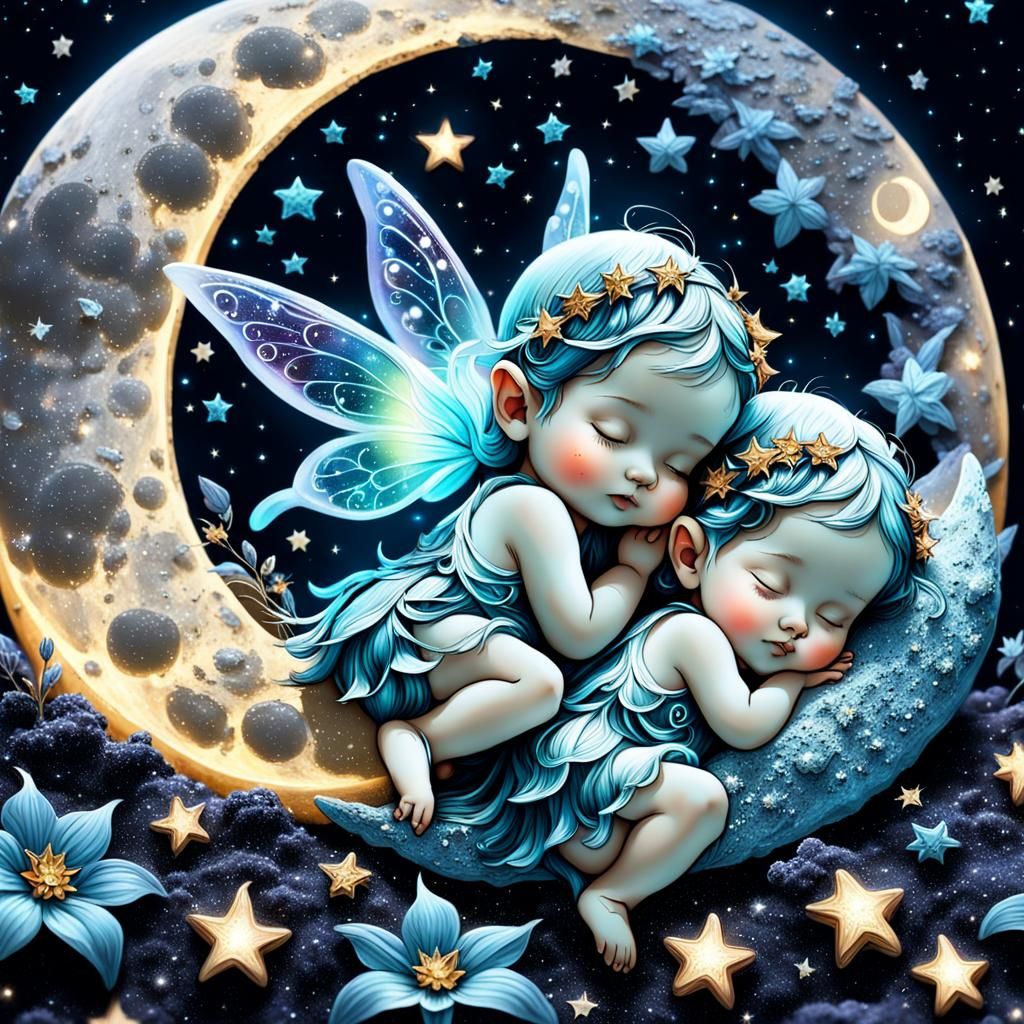 Baby Fairies Sleeping on Bioluminescent Moon