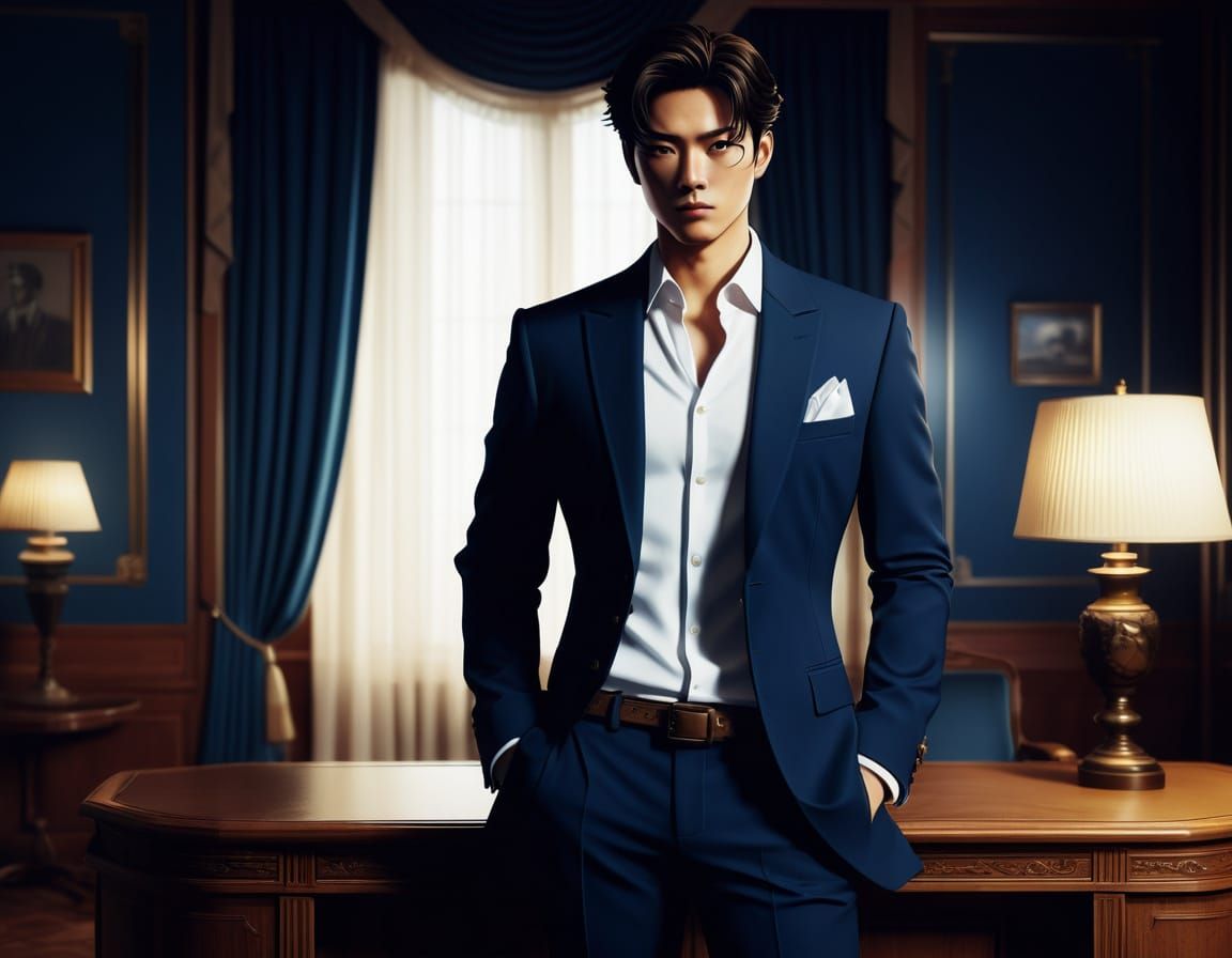 Elegant Young Man in Navy Blue Suit with White Shirt