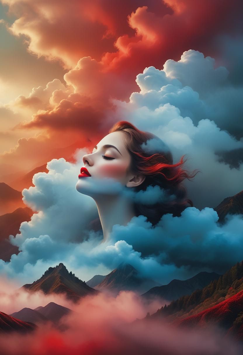 Serene Head in Dreamy Landscape, Mixed Media Painting