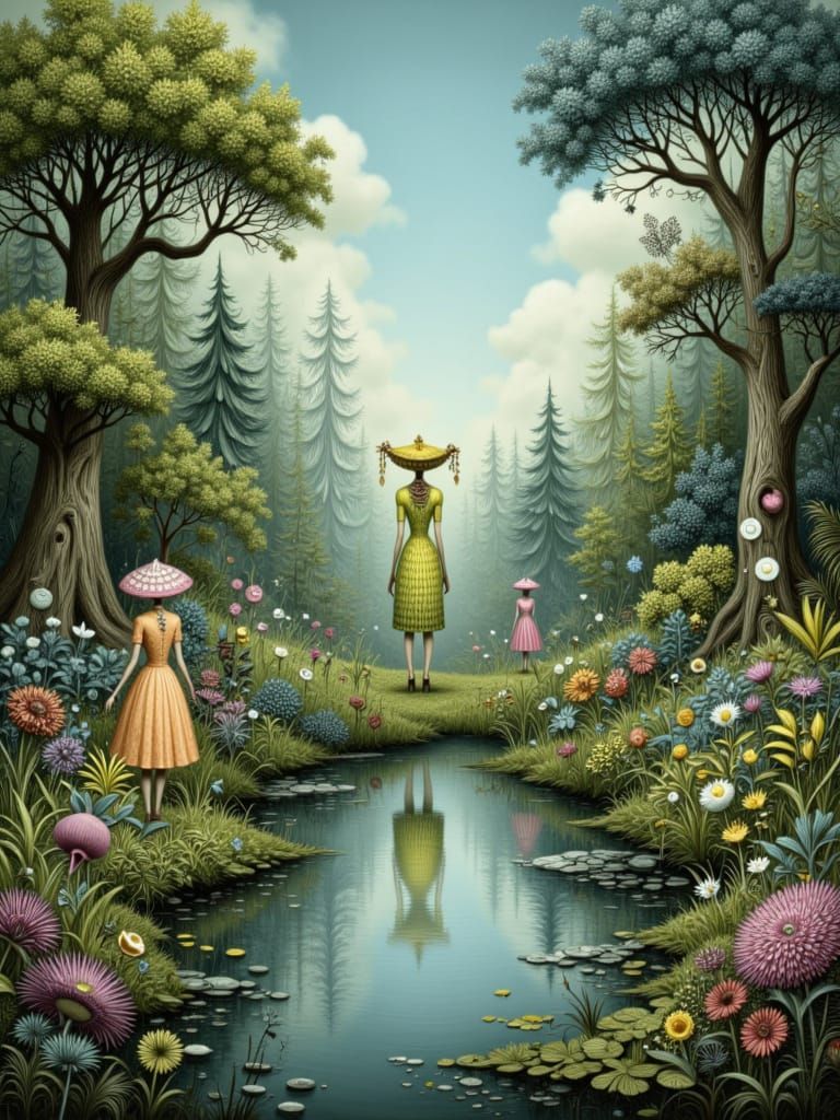 Dreamlike Green Forest with Misty Witches