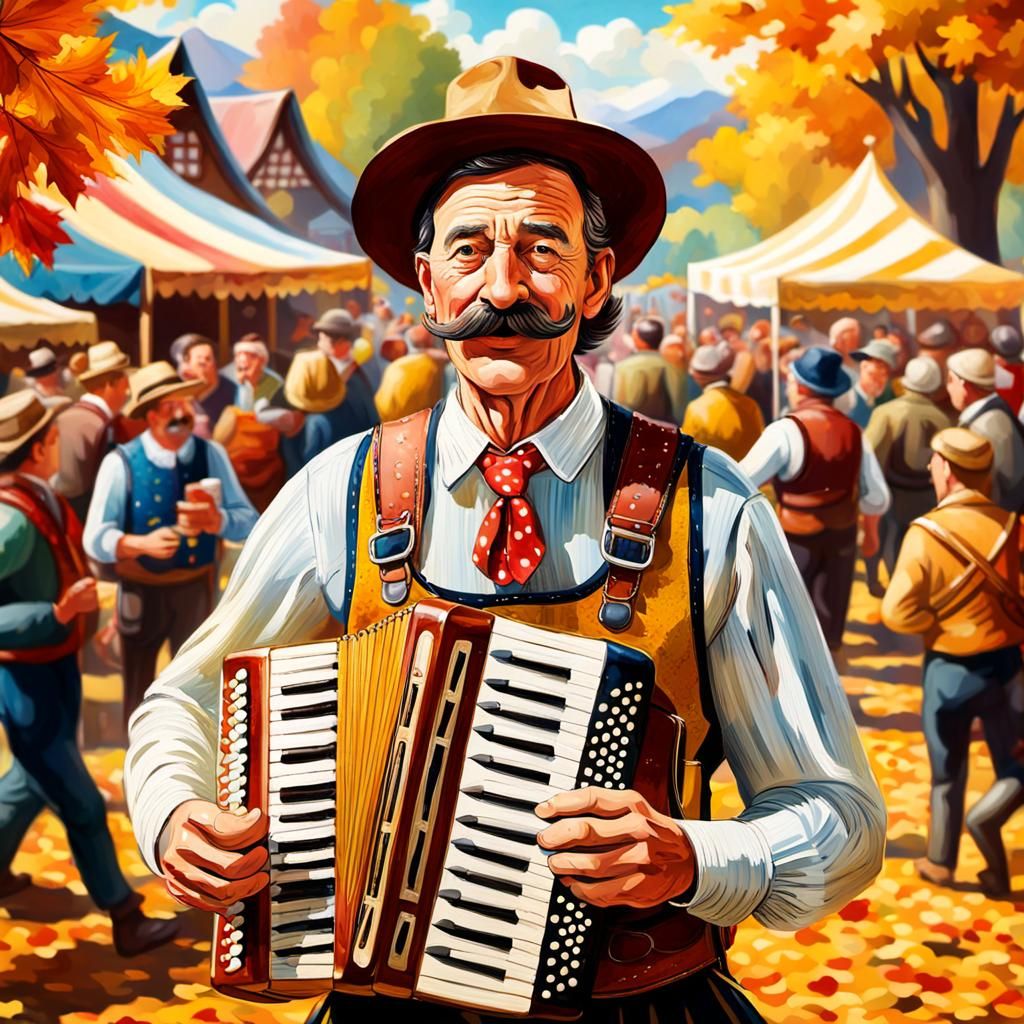 Lively Accordion Player at Oktoberfest in Folk Art Style