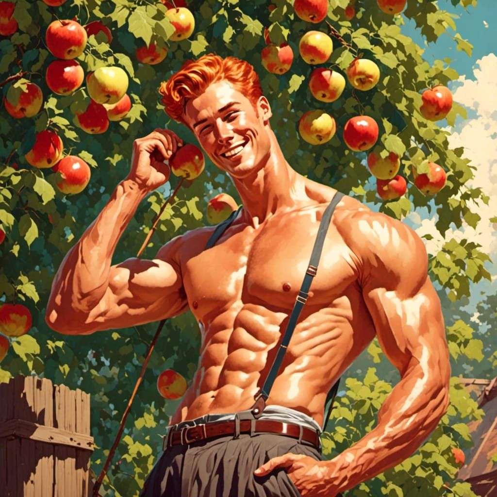 Retro 1950s Farmer Wiping Sweat in Apple Orchard