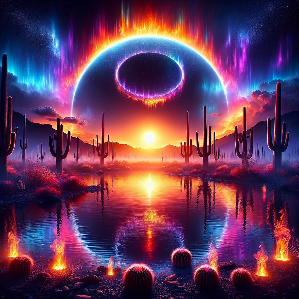 Surreal Desert Scene at Twilight with Glowing Sun and Shimme...