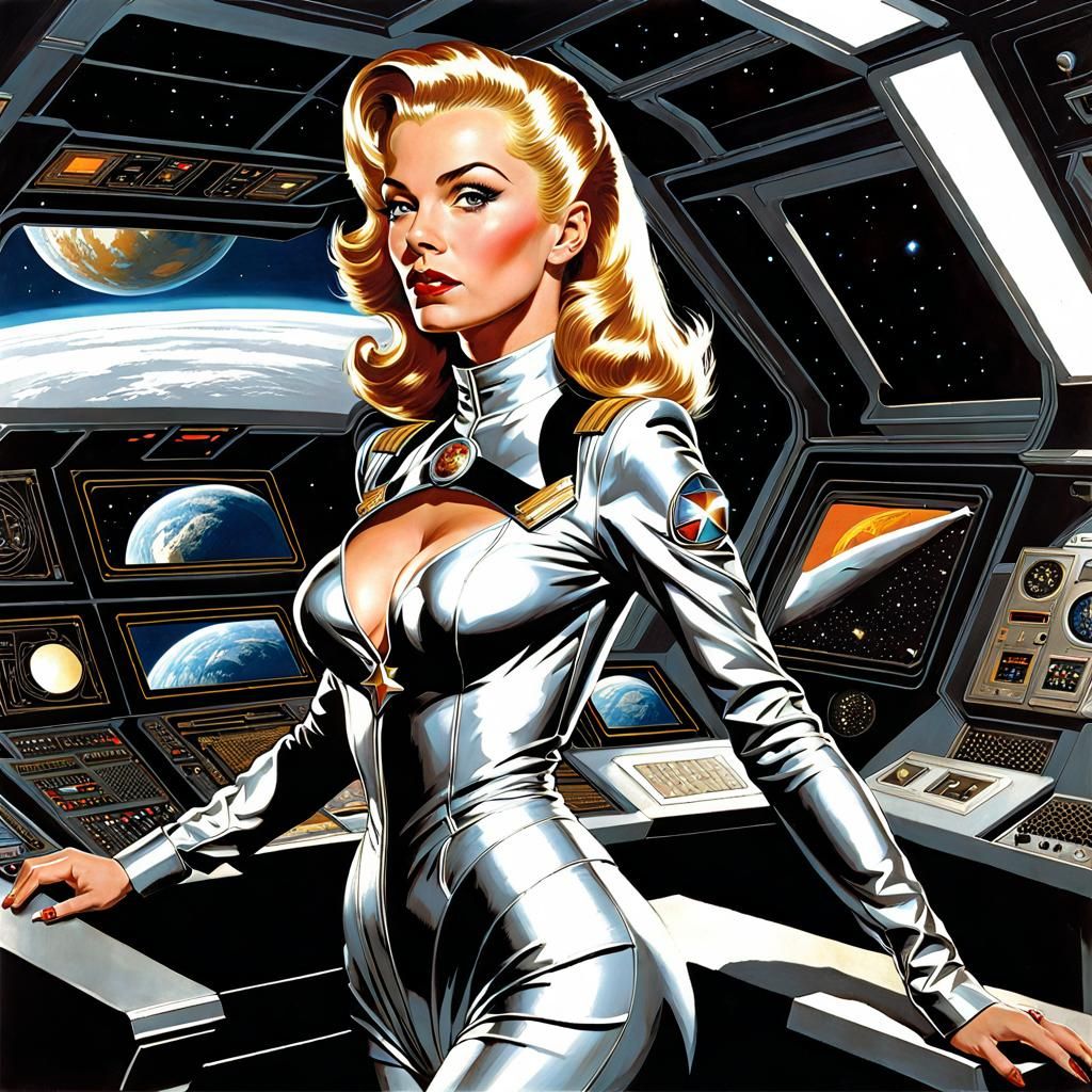 Retrofuturistic Starship Commander in Classic Painting Style