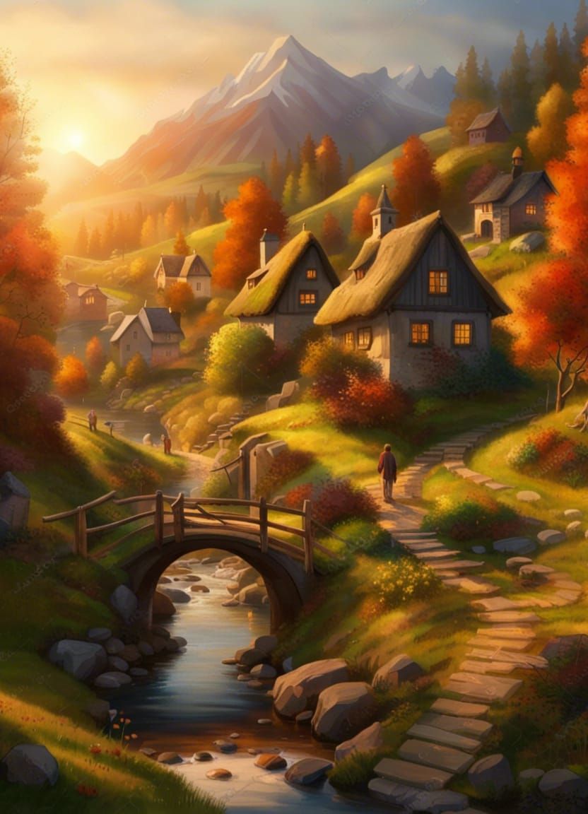Cozy Village Scene at Sunrise in Early Autumn