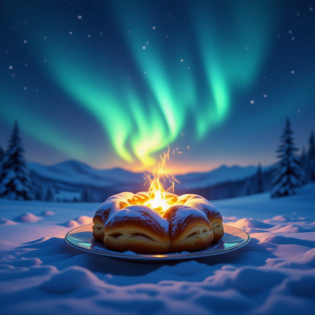 Roman Koulourakia With Glowing Piropita Under Aurora