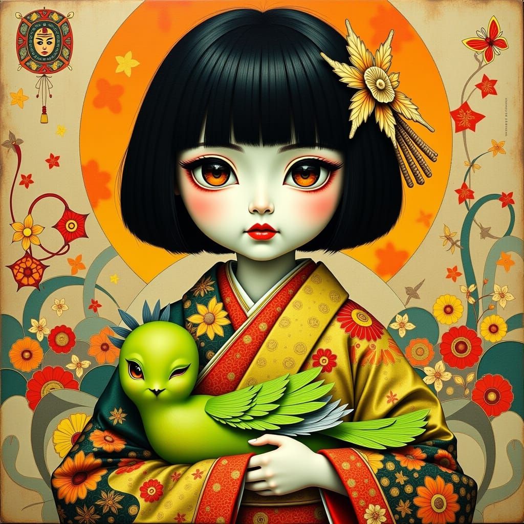 Ichimatsu Doll with Bird in Ukiyo-e Style