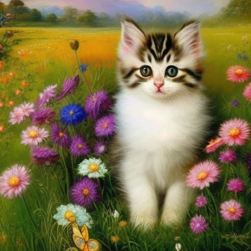 Adorable Kitten in Flower Meadow, Oil Painting Style