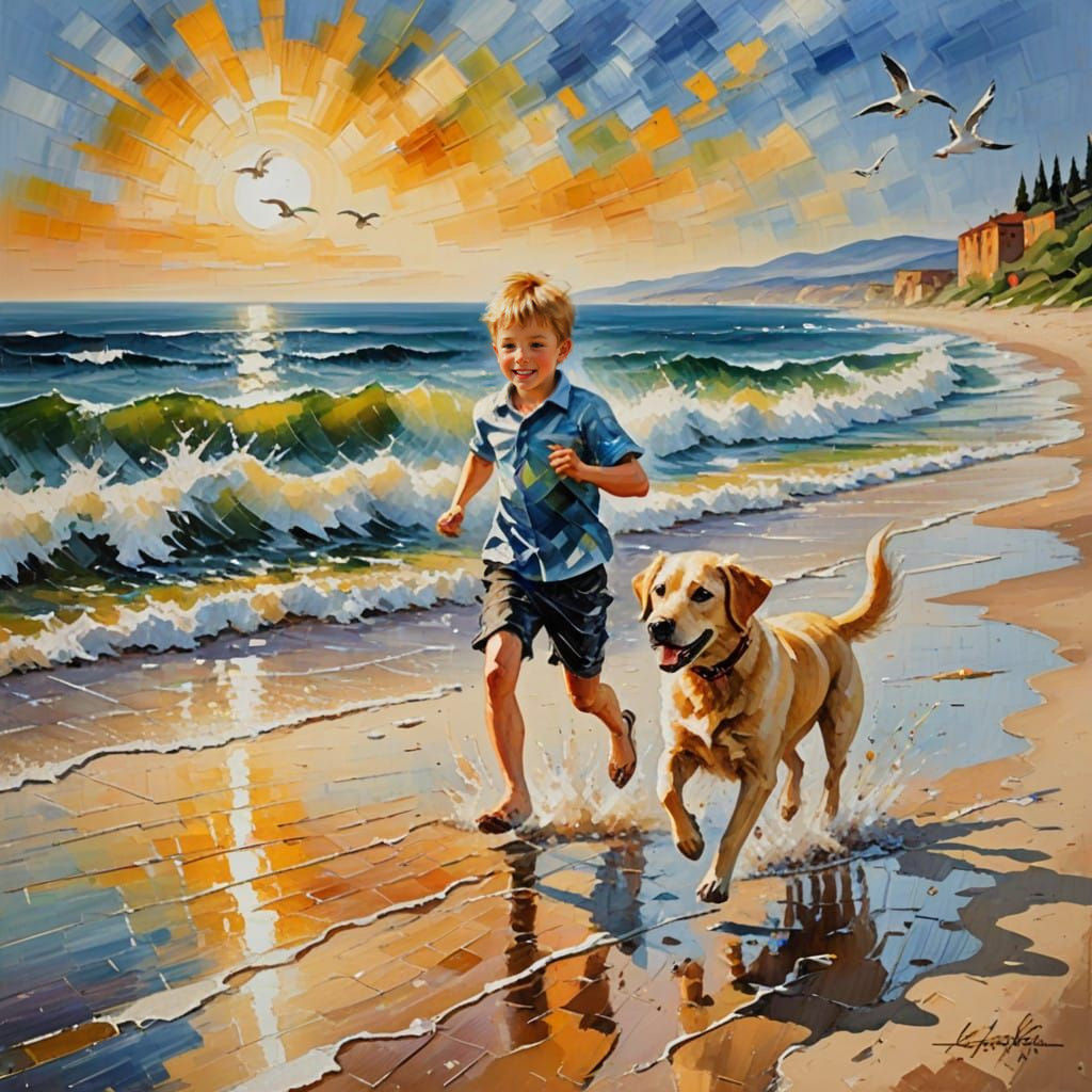 Joyful Beach Morning with Boy and Yellow Labrador