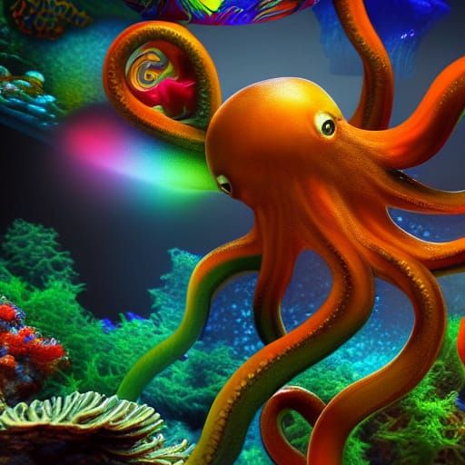 Rainbow Octopus Escapes: Detailed Digital Art