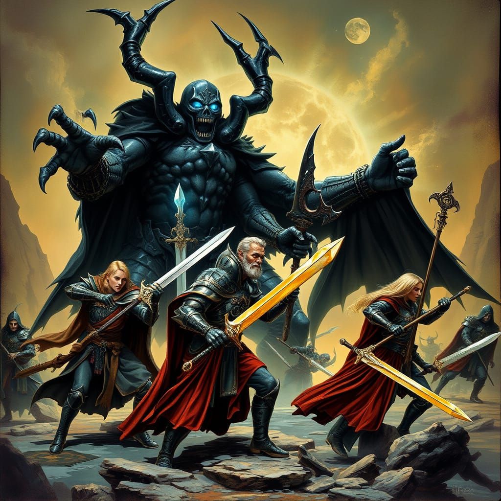 Fantasy Adventurers Battle Lich Warlord in Gothic Landscape