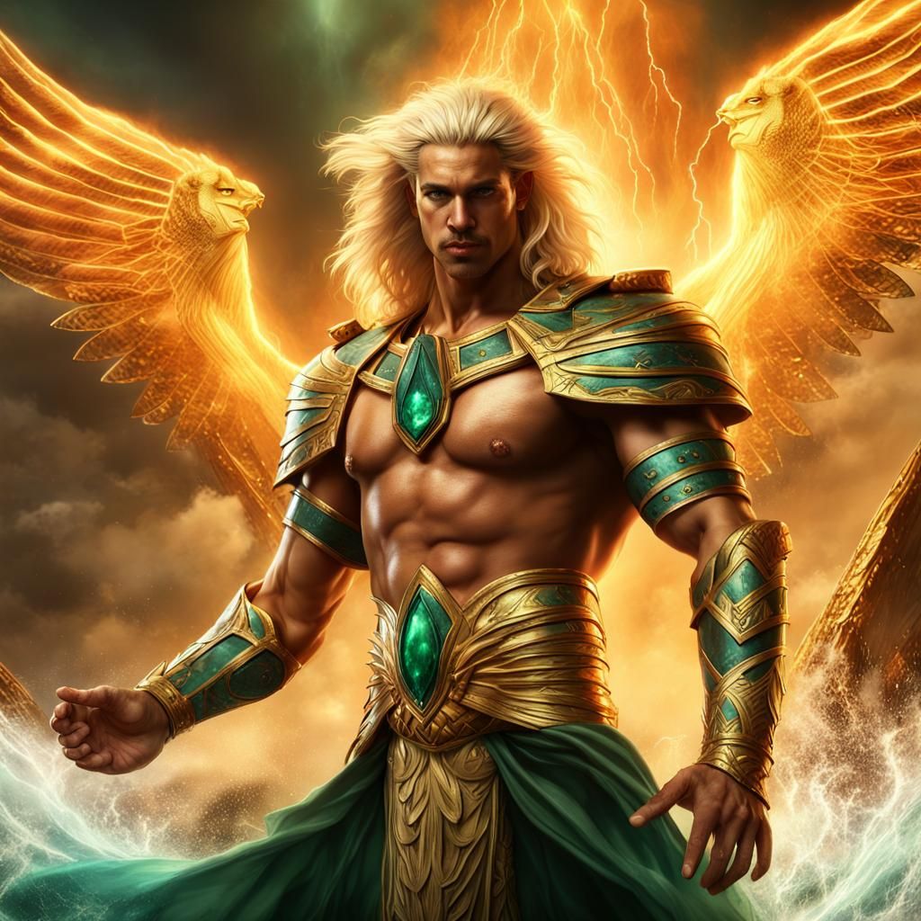 Egyptian God of Wind and Fire in Emerald Armor
