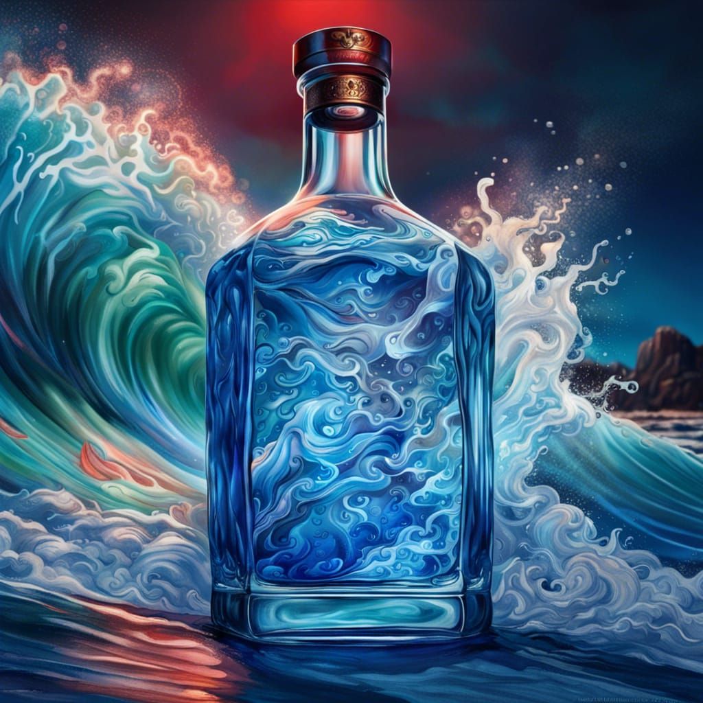 Hyperrealistic Crystal Gin Bottle on Ocean Shore
