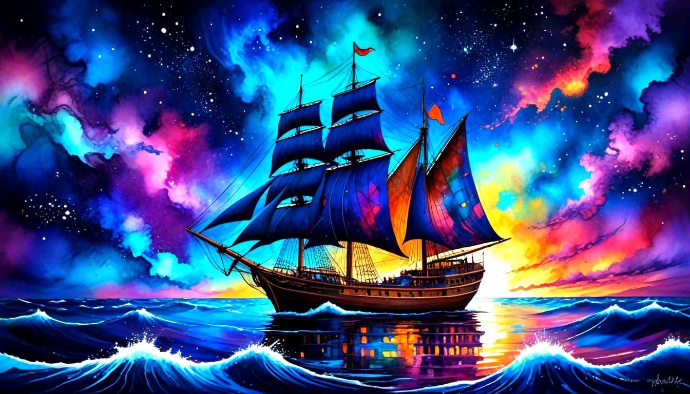 Cosmic Ship Voyage in Alcohol Ink Style