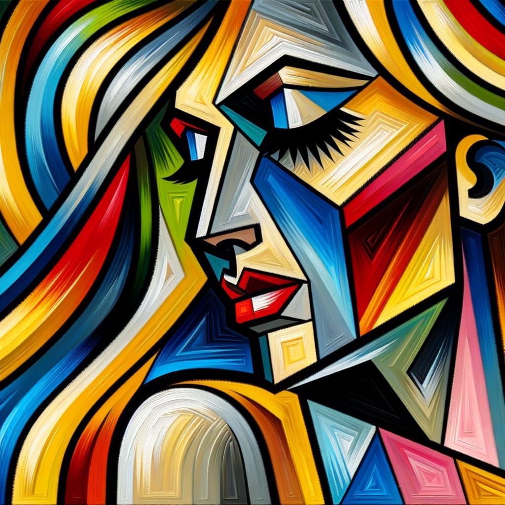 Geometric Woman in Bold Colors, De Stijl and Cubist Influenc...